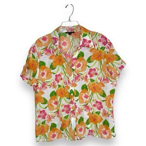 Lands End Top Women's 16 Floral Linen Shirt‎ Button-Up